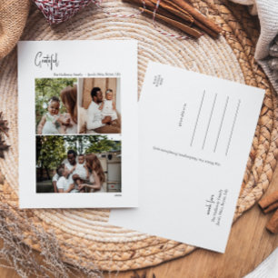 Modern Christmas Script Grateful Vertical 3 Photo Holiday Postcard