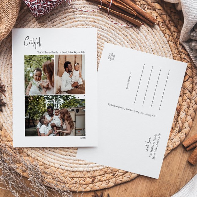 Modern Christmas Script Grateful Vertical 3 Photo Holiday Postcard (Creator Uploaded)