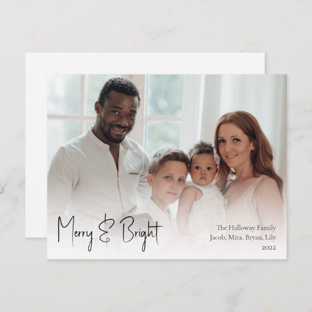 Modern Christmas Script Merry & Bright Full Photo Holiday Card (Front/Back)
