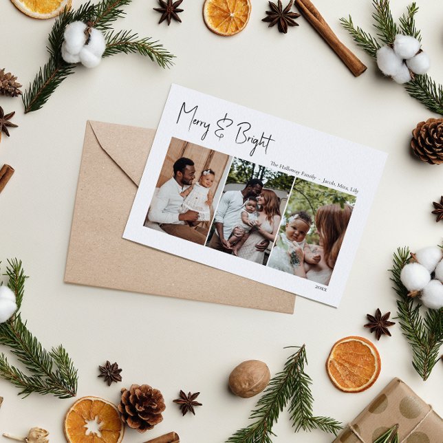 Modern Christmas Script Merry & Bright Three-Photo Holiday Card (Creator Uploaded)