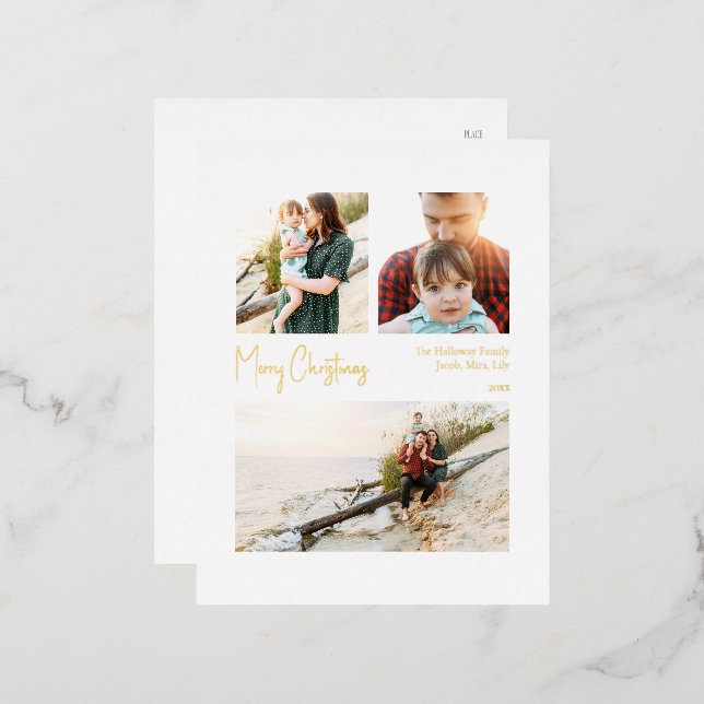 Modern Christmas Script Three Photo Gold Foil Holiday Postcard (Front/Back)