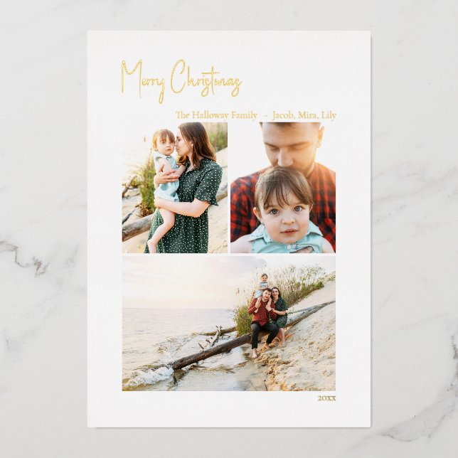 Modern Christmas Script Vertical 3 Photo | Gold Fo Foil Holiday Card (Front)