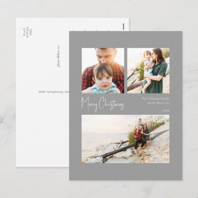 Modern Christmas | Silver Centred Three-Photo Holiday Postcard (Front/Back)