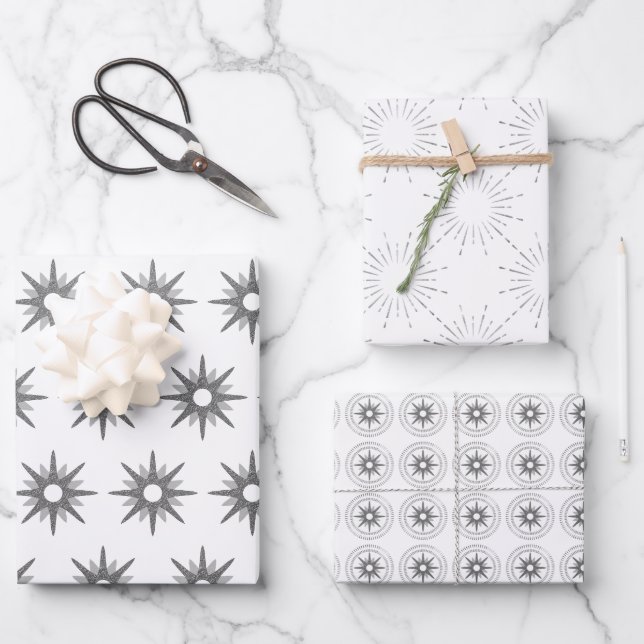 Modern Christmas Silver Stars Wrapping Paper Sheet (Front)