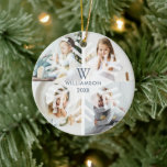 Modern Christmas Snowflake Monogram Four Photo Ceramic Ornament<br><div class="desc">Celebrate the magical and festive holiday season with our custom holiday photo ornaments. Our modern elegant holiday design features a modern and minimalistic four photo holiday collage grid layout with a modern white semi-transparent snowflake design placed in the centre of the four photo holiday photo layout. Customized with your family...</div>