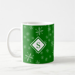 Modern Christmas Snowflake Pattern Monogram Green Coffee Mug