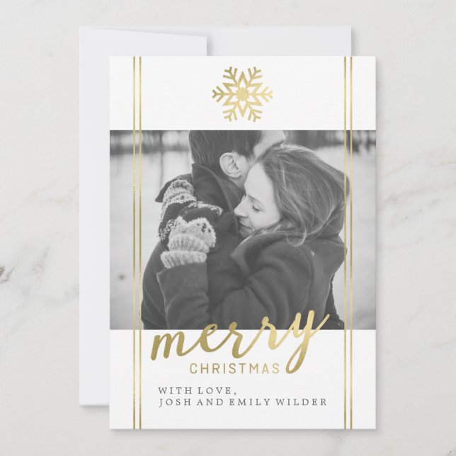 Modern Christmas Snowflake | White and Gold Holiday Card (Front)