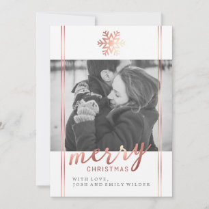 Modern Christmas Snowflake White and Rose Gold Holiday Card