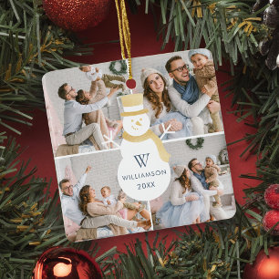Modern Christmas Snowman Monogram Four Photo Ceramic Ornament