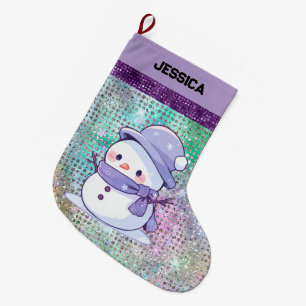 Modern Christmas Snowman Pastel  Purple  Large Christmas Stocking
