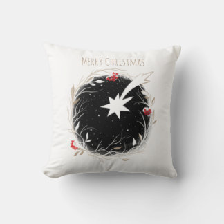Modern Christmas Star Berries Wreath Throw Pillow
