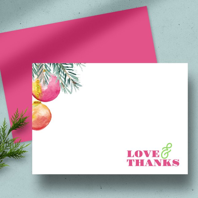 Modern Christmas Stationery Thank You Watercolor Holiday Card (Christmas wedding thank you card vibrant pink and orange.)