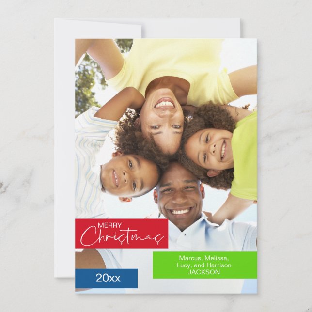 Modern Christmas Stripes Photo Red Green  Simple Holiday Card (Front)