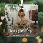 Modern Christmas Stylish Minimalist Script Family Metal Ornament<br><div class="desc">Simple, stylish custom photo "happy holidays" christmas design with modern minimalist handwritten script typography and a simple black gradient. The photo and text can easily be personalized for a design as unique as your special family! The image shown is for illustration purposes only to be replaced with your own photo....</div>