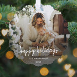 Modern Christmas Stylish Minimalist Script Family Ornament Card<br><div class="desc">Simple, stylish custom photo "happy holidays" christmas design with modern minimalist handwritten script typography and a simple black gradient. The photo and text can easily be personalized for a design as unique as your special family! The image shown is for illustration purposes only to be replaced with your own photo....</div>