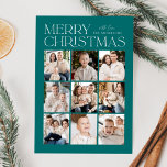 Modern Christmas Teal 9 Photo Collage Holiday Card<br><div class="desc">Modern Christmas photo card featuring "Merry Christmas" displayed at the top of the design in trendy white lettering with a teal background. A photo collage of 9 photos is shown below in a grid-style layout. Personalize the multi-photo Christmas card with your family name. The card reverses to display a teal...</div>