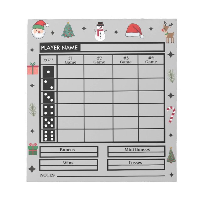 Modern Christmas Theme Bunco Score Pad (Front)