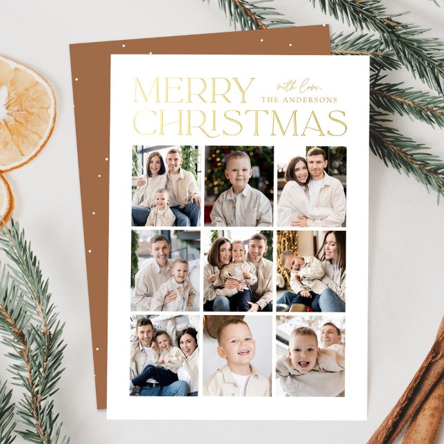 Modern Christmas Toffee Brown 9 Photo Collage Foil Holiday Card (Creator Uploaded)