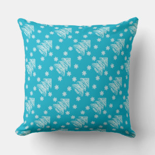 Modern Christmas Tree and Snowflake Bright Blue Throw Pillow