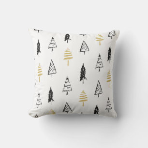 Modern Christmas Tree Black Gold Pattern Throw Pillow