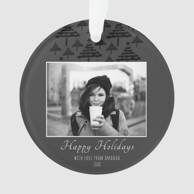 Modern Christmas Tree Black White Photo Holiday Ornament (Front)