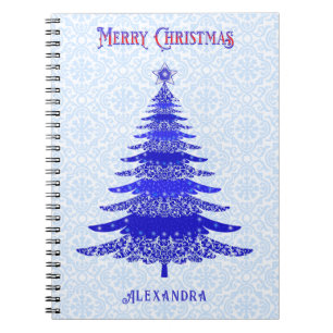 Modern Christmas Tree Blue Personalized Notebook