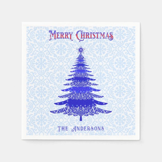 Modern Christmas Tree Blue Personalized Snowflakes Napkin (Front)
