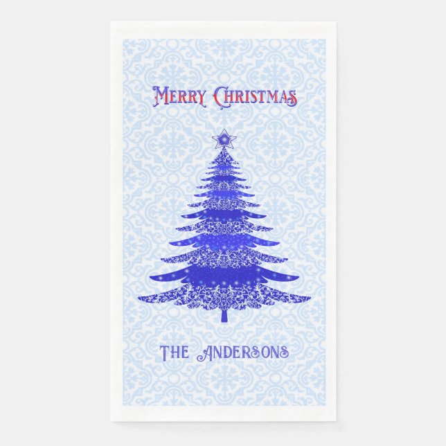Modern Christmas Tree Blue Snowflakes Personalized Napkin (Front)