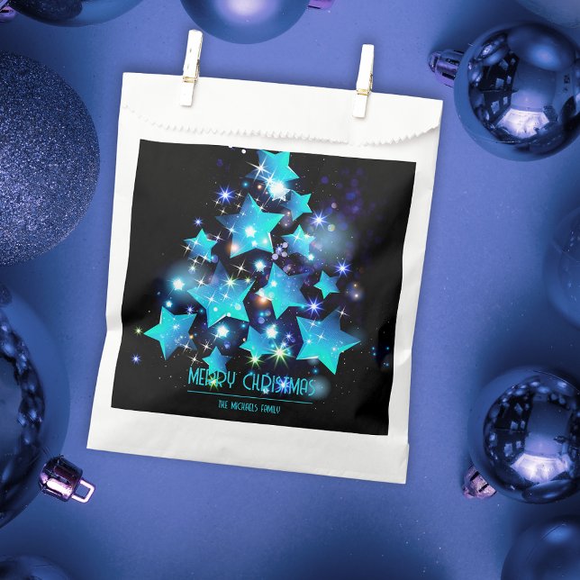 Modern Christmas Tree Blue Stars Lights on Black Favour Bag (Creator Uploaded)