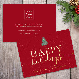 Modern Christmas Tree Business Logo Red & Gold Foil Holiday Card