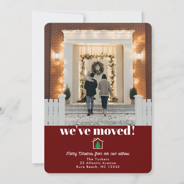 Modern Christmas Tree Dark Red Moving Announcement (Front)