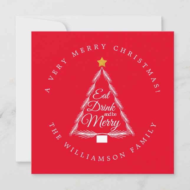Modern Christmas Tree Eat Drink be Merry Holiday Card (Front)