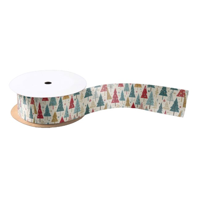 Modern Christmas Tree Green Blue Red Gold Pattern  Satin Ribbon (Spool)