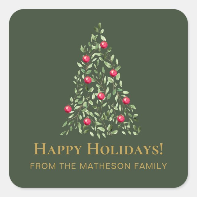 Modern Christmas Tree green red elegant family  Square Sticker (Front)