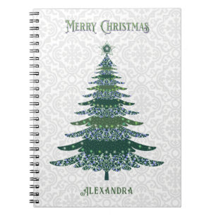 Modern Christmas Tree Green White Personalized Notebook
