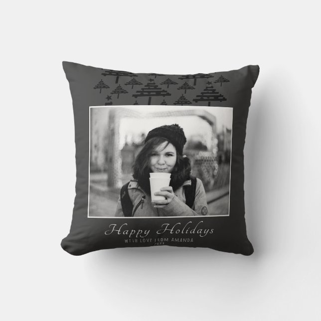 Modern Christmas Tree Grey Holiday Photo Throw Pillow (Front)