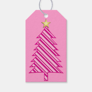 Modern Christmas Tree in Pink Peppermint Stripes Gift Tags