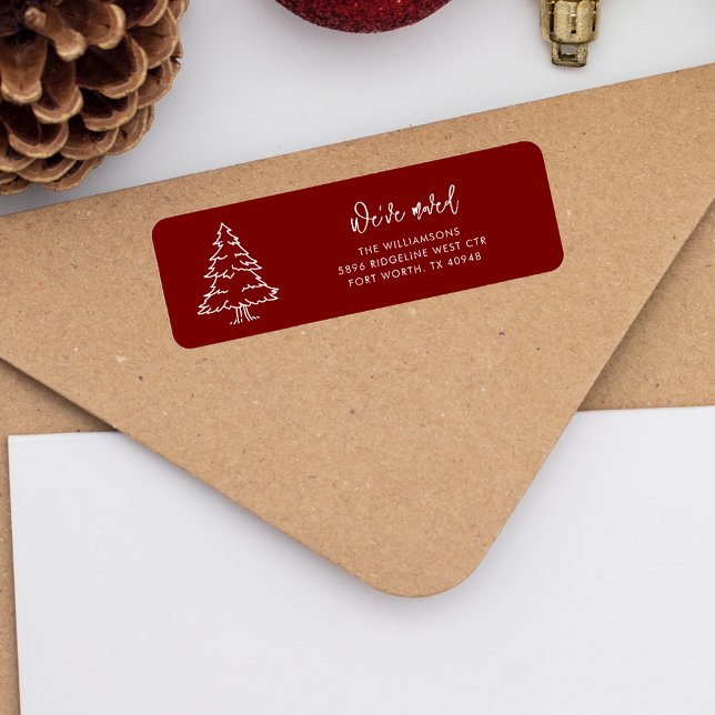 Modern Christmas Tree Moving Return Address (Christmas Moving Announcement Burgundy Return Address Label)