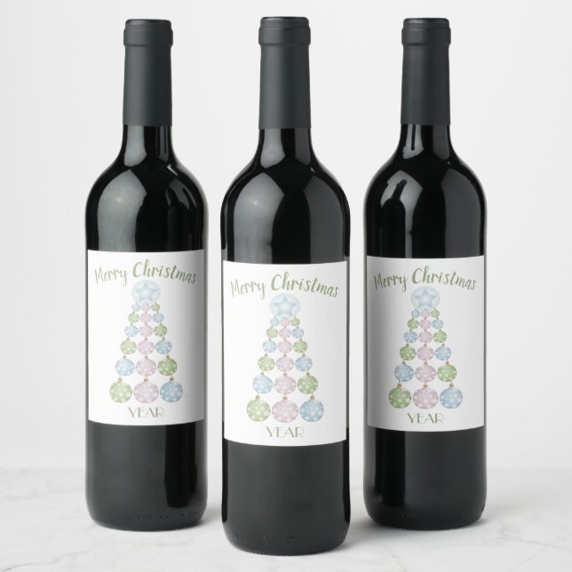 Modern Christmas Tree of Pastel Ornaments Wine Label (Bottles)