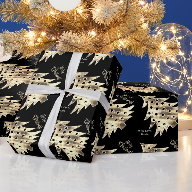 Modern Christmas Tree Pattern Black and Gold Wrapping Paper (Holidays)