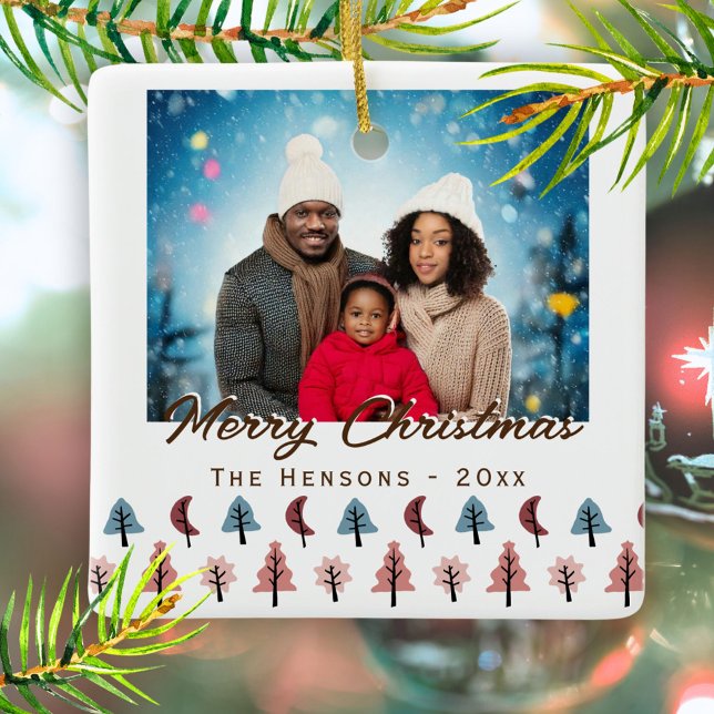 Modern Christmas Tree Pattern Family Photo Ceramic Ornament (Creator Uploaded)