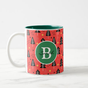Modern Christmas Tree Pattern Red Orange Monogram Two-Tone Coffee Mug