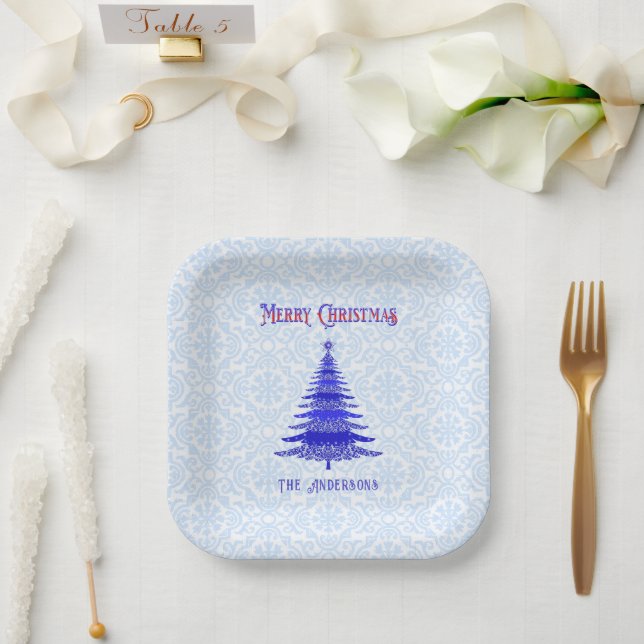 Modern Christmas Tree Personalized Blue Snowflakes Paper Plate (Wedding)