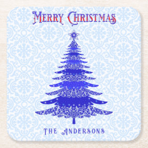 Modern Christmas Tree Personalized Blue Snowflakes Square Paper Coaster