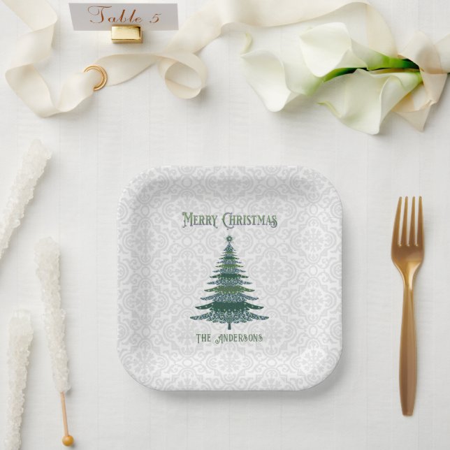Modern Christmas Tree Personalized Green White Paper Plate (Wedding)