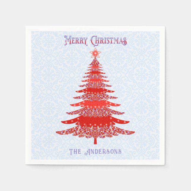 Modern Christmas Tree Red Blue Personalized Napkin (Front)