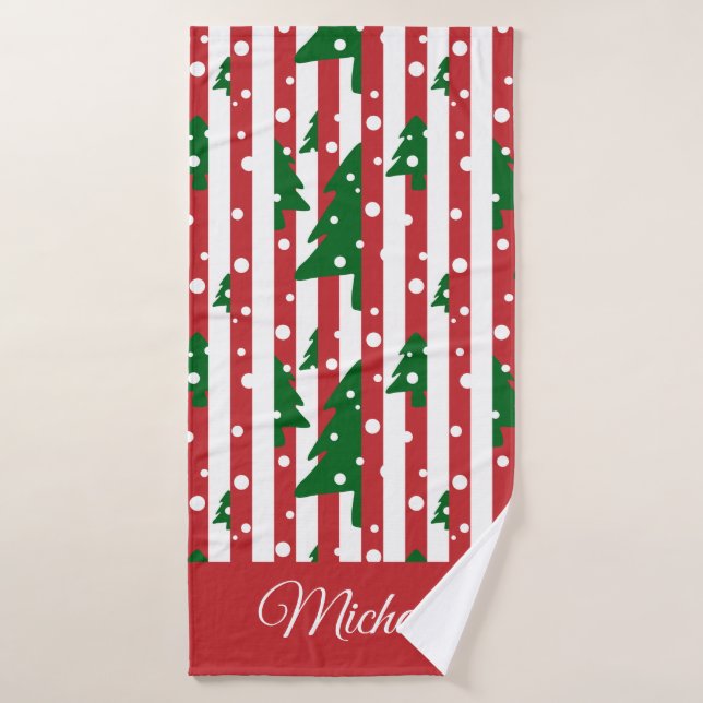 Modern Christmas Tree Red Green Striped pattern Bath Towel (Bath Towel)
