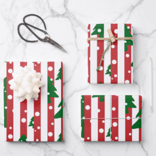 Modern Christmas Tree Red Green Striped pattern Wrapping Paper Sheet