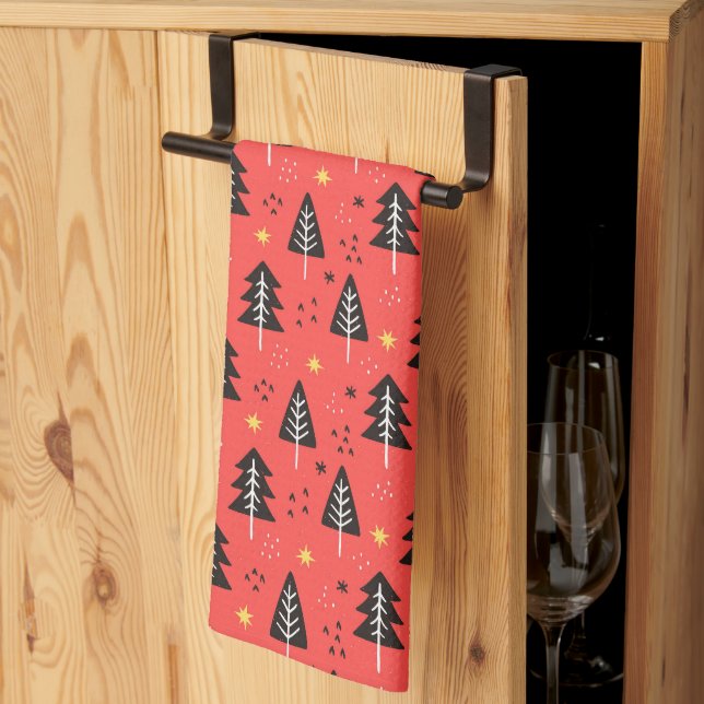 Modern Christmas Tree Red Orange Colour Pattern Kitchen Towel (Thirds Fold)