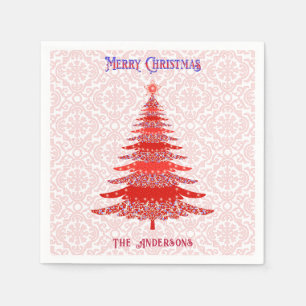 Modern Christmas Tree Red Personalized Snowflakes Napkin